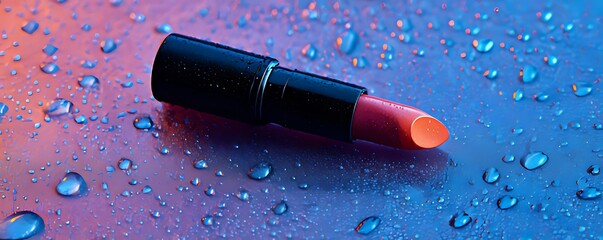 A black lipstick with orange and pink shades, lying on the table, with drops of water, against a neon background and a purple-blue gradient, in a minimalist, hyperrealistic photographic style.