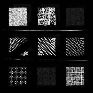 Hand Drawn Texture Patterns Collection White Chalk Scribbles on Dark Background