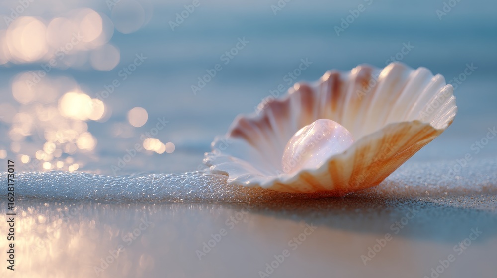 Poster a delicate seashell rests on a sandy beach. the gentle waves create a serene environment. the soft c