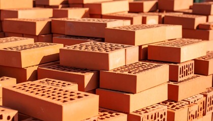 Stacked Orange Bricks with Unique Hole Patterns and Strong Sunlight Shadows