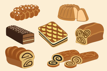 Eastern european festive cake collection. Vector illustrations of typical and traditional Christmas and Easter cakes and breads for Hungary, Poland, Romania, Slovakia, Czech republic...etc.