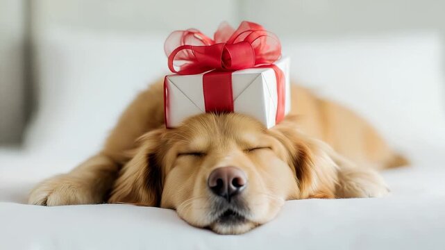 A golden retriever dog lies calmly with a Christmas red ribbon gift bow placed on its head, giving an innocent. Perfect for holiday pet humor, gift-giving campaigns, or adorable seasonal content