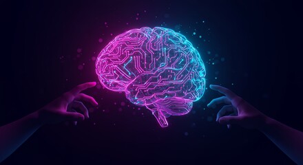 Glowing digital brain illuminated with neon colors, hands reaching towards it, dark background.