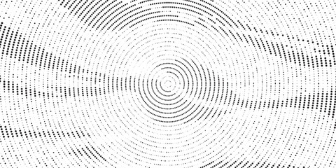 Radial halftone spotted gradient background. Dotted stains concentric texture with fading effect. Black and white circle shade wallpaper. Grunge rough vector. Monochrome geometric backdrop.