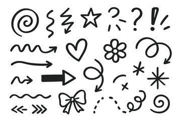 Hand-drawn doodle design elements collection—arrows, swirls, squiggles, stars, hearts, question marks, exclamation points, flower, bow, accents, decorative sketch symbols for notes & social media
