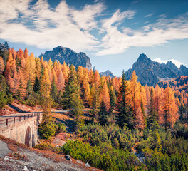 Arch bridge on country asphalt road in Tre Cime Di Lavaredo National Park. Colorful autumn view of...