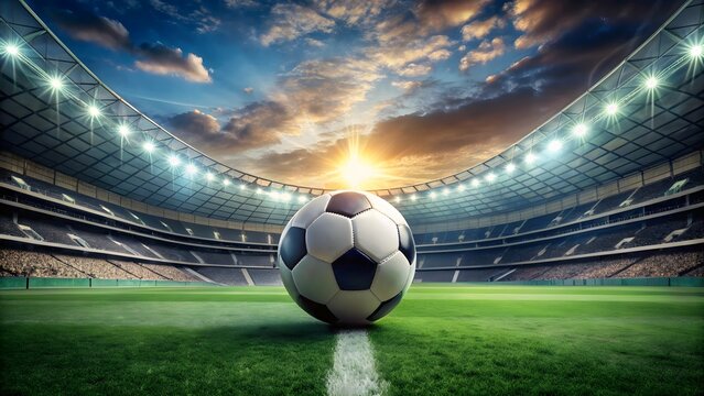 Soccer ball on a vibrant stadium field isolated on transparent background