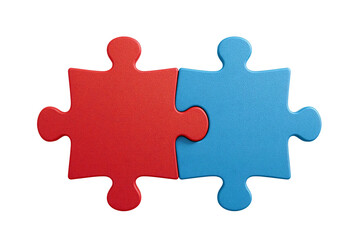 Fototapeta premium Red blue puzzle pieces joining, isolated, teamwork concept