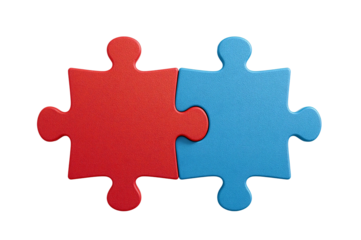 Red blue puzzle pieces joining, isolated, teamwork concept