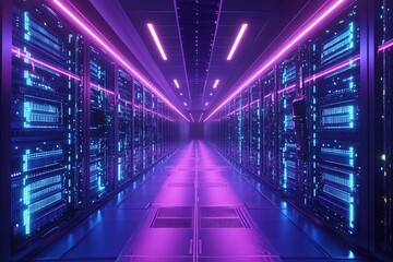 Massive futuristic data center with rows of illuminated server racks, glowing fiber-optic cables, cyberpunk vibes