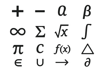 Bold black math symbols vector collection of 16 icons - plus minus infinity pi sigma integral square root alpha beta delta partial derivative union subset arrow function calculus set theory