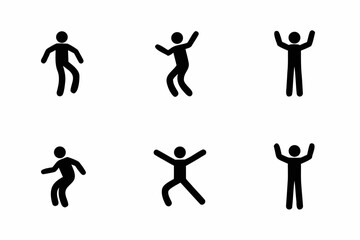 Set of six black stick figure icons depicting various active poses and dance movements on a white background