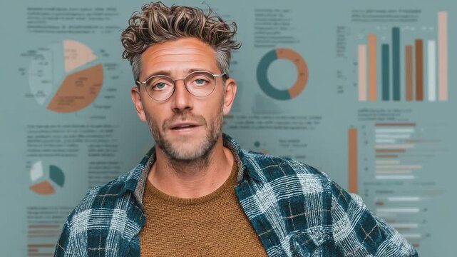 Data Analyst Contemplation: A thoughtful data analyst wearing eyeglasses stands before an array of charts and graphs, contemplating the information before him.