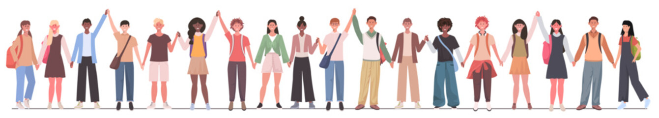 Fototapeta premium Happy school children stand together and hold hands. International group of little boys and girls. Teamwork, unity and friendship. Vector Not AI generated