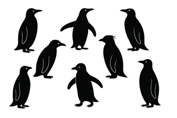 Naklejka premium Penguin silhouettes collection in diverse standing, walking, swimming poses – emperor, king, Adelie, chinstrap, gentoo Antarctic seabirds icon set for wildlife, nature, winter animal design