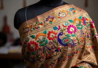 Indian silk sari with intricate traditional embroidery design