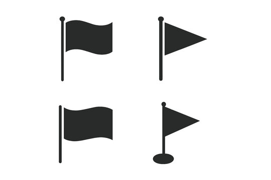 Flag and pennant icon set, waving rectangular and triangular flags on poles, simple monochrome silhouette symbols for navigation marker, goal, location pin, checkpoint, golf hole, interface UI design
