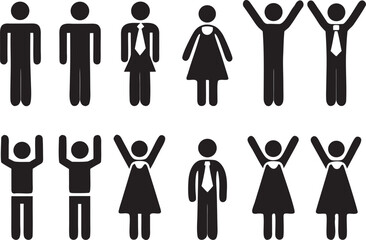 Collection of diverse stick figure people icons representing men women and children in various poses and attire