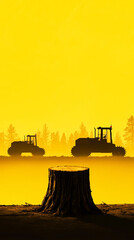 A stark image of a tree stump in the foreground with silhouetted logging machinery and a deforested tree line. Concept of deforestation, environmental destruction, logging industry, ecological impact.