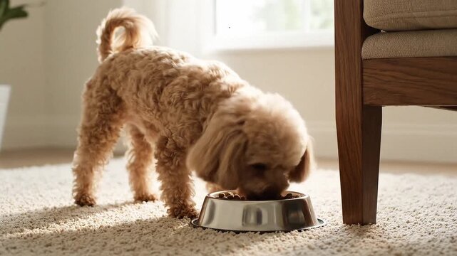 Tan poodle eats from a silver bowl on a beige carpet in a sunny room Chair leg visible