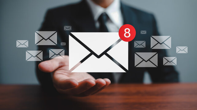 Man in suit holding digital envelopes with notification badge email inbox