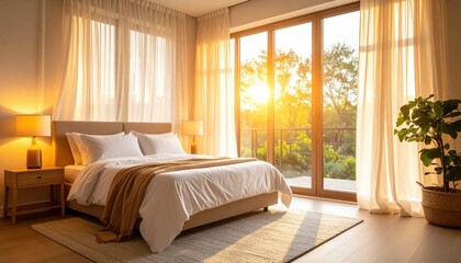 Obraz premium Sunrise Bedroom With Natural Light And Garden View