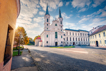 Astonishing morning view of Saint Ignatius of Loyola Parish Church. Bright summer cityscape of...