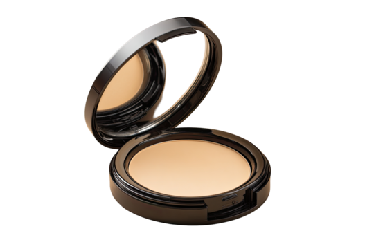 Open compact powder case, light beige powder visible