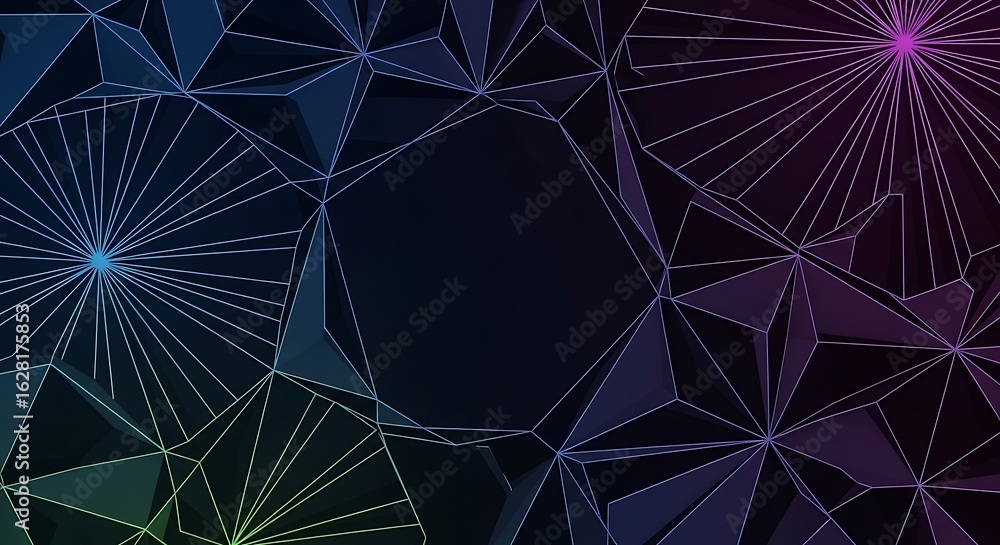 Poster abstract geometric network of glowing lines and polygons on a dark background, creating a futuristic