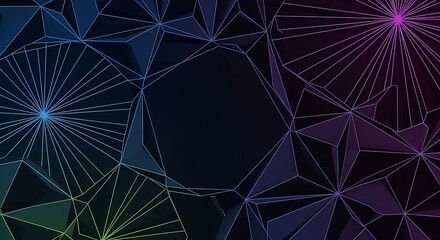 Abstract geometric network of glowing lines and polygons on a dark background, creating a futuristic and digital aesthetic.
