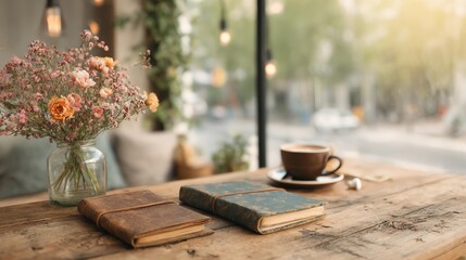 Digital Nomad Tools Cozy café setting with vintage books, a cup of coffee, and a flower arrangement on a wooden table. digital nomad cozy setup