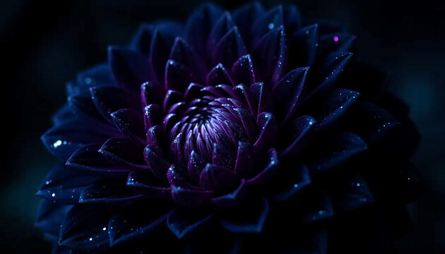 Close up of a dark purple dahlia flower with intricate petals