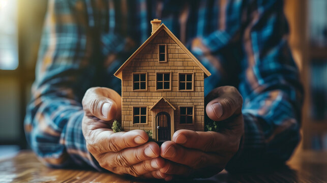 Family property, life and health insurance concept. man protecting house model