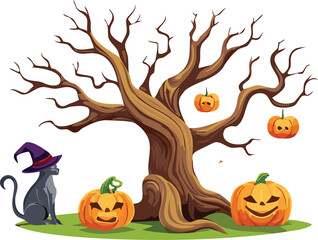 halloween and the dead tree; isolated on white