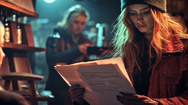 Young woman reading documents in a dimly lit bar with another woman