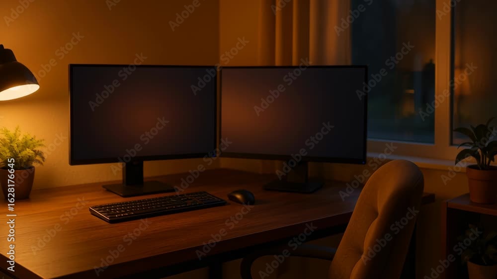 Poster productive home office setup with dual monitor computer keyboard mouse warm desk lamp lighting cozy 