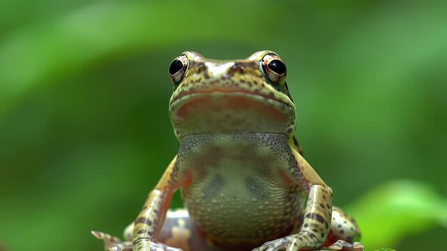 Detailed close-up of a wild frog looking forward, set against a soft, vibrant green natural background.