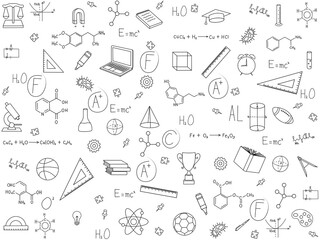 Painted science lesson formulas, physics, chemistry, geometry, biology, atoms, bacteria, microscope, books, notebooks. Back to school. School background for design. Science equipment drawn with lines
