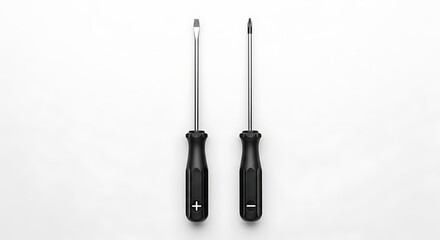Obraz premium Two screwdrivers, one with a Phillips head and the other with a flathead, are presented against a stark white background, showcasing their tools.