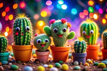 Cute Cactus Friends: Whimsical Desert Scene Stock Photo