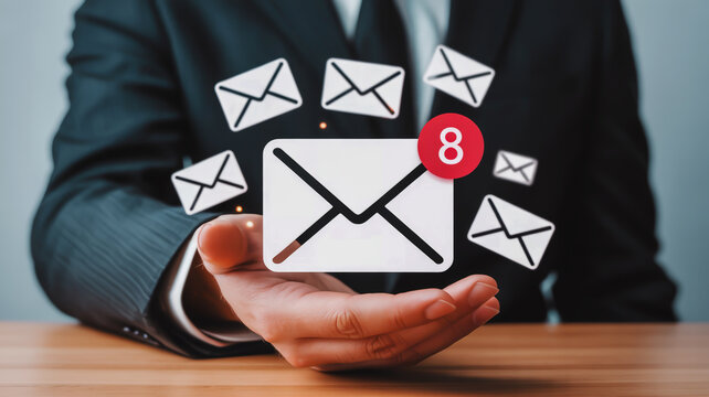 Person holding digital envelopes with notification count email inbox