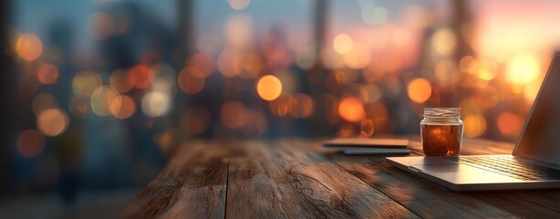 Digital Nomad Tools Cozy workspace with a laptop and a jar, overlooking a city at dusk with beautiful bokeh lights. digital nomad cozy setup