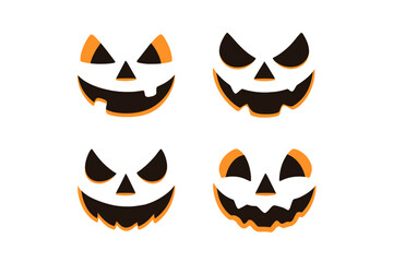 Halloween pumpkin jack-o'-lantern faces set collection. Spooky scary carved orange pumpkins expressions. October holiday decoration vector graphics isolated
