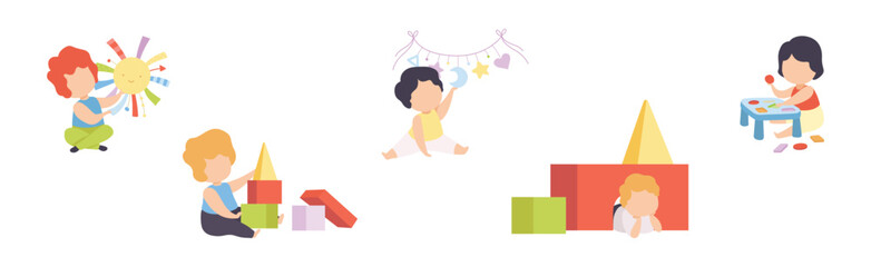 Baby Boy Playing Toys in Nursery Vector Set