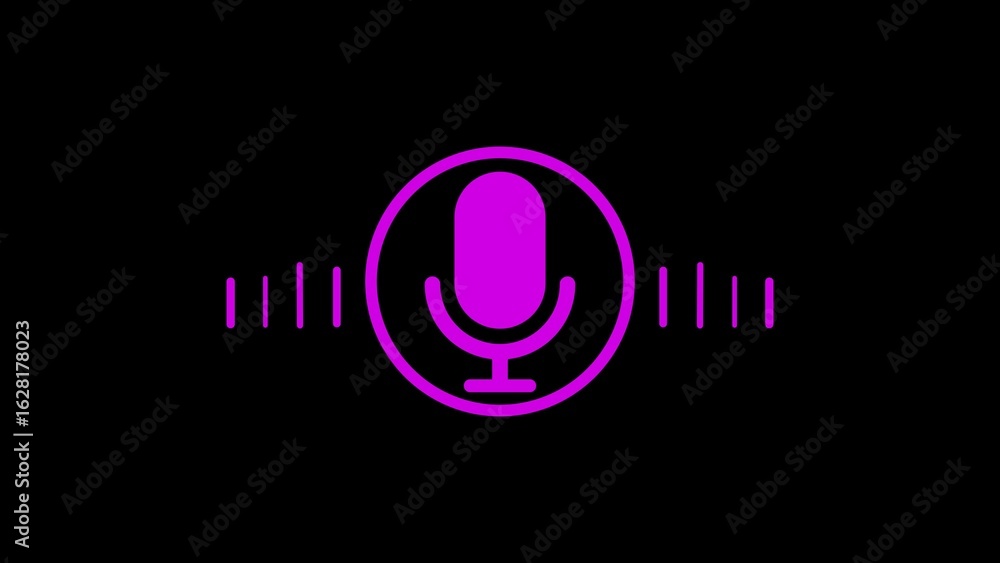 Poster microphone and audio wave icon on a black background representing voice recording and communication.