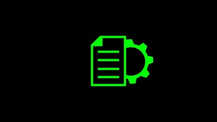 Green icon of document and gear representing settings and configuration on black background