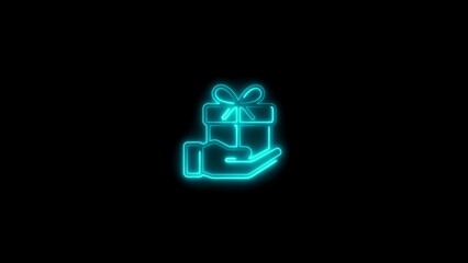 Illuminated hand holding a glowing gift box symbol in cyan neon light on black background
