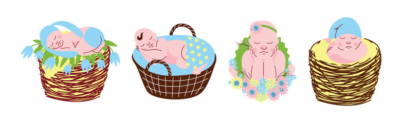 Cute Sleeping Newborn Baby Cuddle and Curled Vector Set