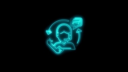 Neon outline illustration of customer service agent with speech bubble and call symbol.
