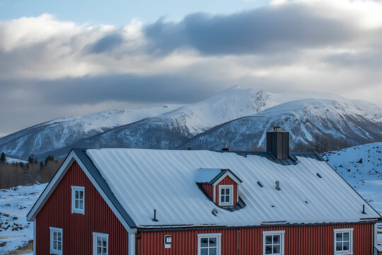 Photo of picturesque winter scene of a red house covered in snow with mountains in the background view